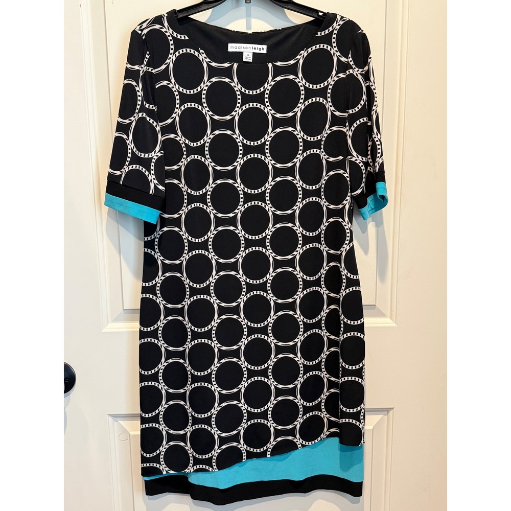 Madison Leigh Womens Black White Circle Print Dress Turquoise Trim Size 10